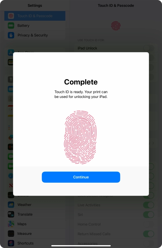 Press Continue. If you haven't previously selected a lock code, key in a code of your own choice twice.