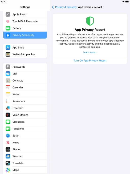 Press Turn On App Privacy Report to turn on the function.