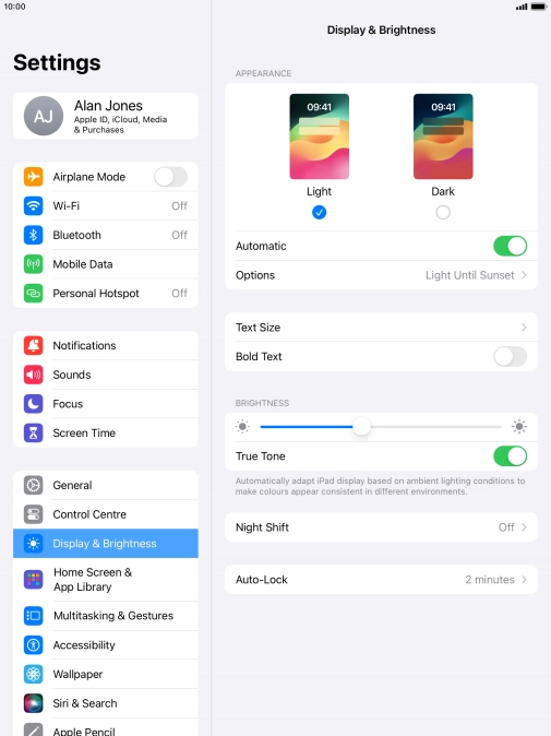 If you turn on the function, press Options and follow the instructions on the screen to select the required period of time for Dark Mode.
