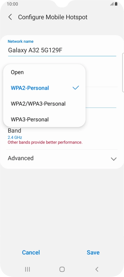 Press WPA2-Personal to password protect your Wi-Fi hotspot.