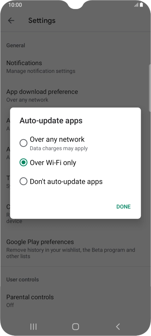 To turn on automatic update of apps using mobile network, press Over any network.