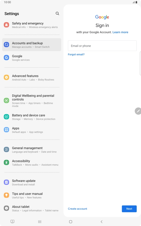 If you don't have a Google account, press Create account and follow the instructions on the screen to create an account.