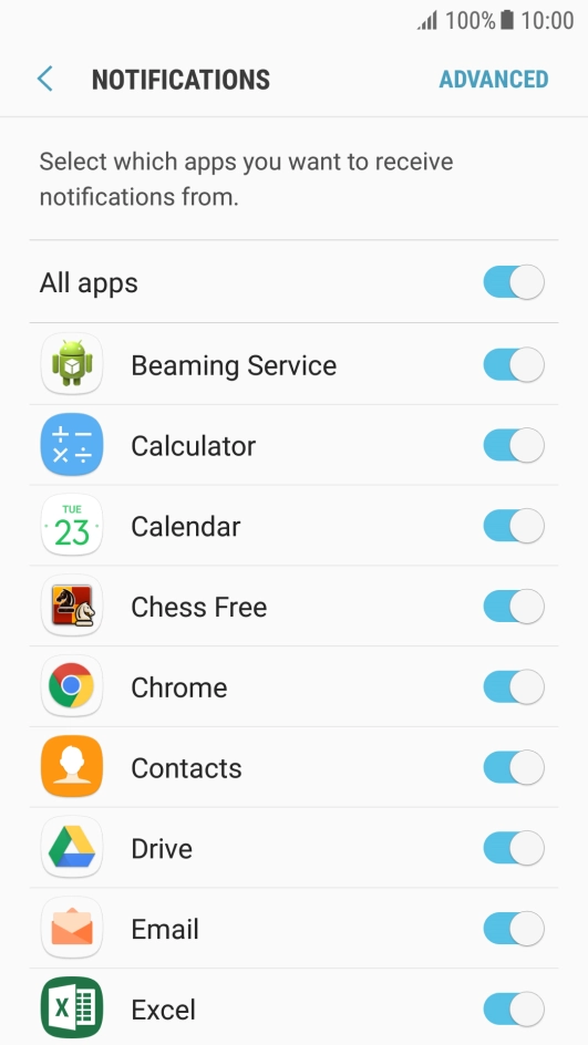 Press the indicator next to the required app to turn the function on or off.