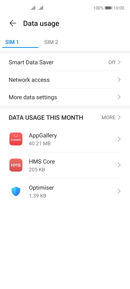 The data usage for each application is displayed below the name of the application.