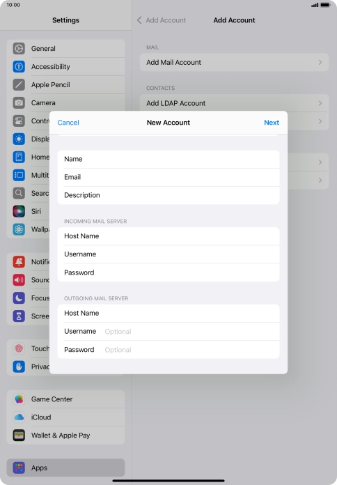 Press Username and key in the username for your email account.