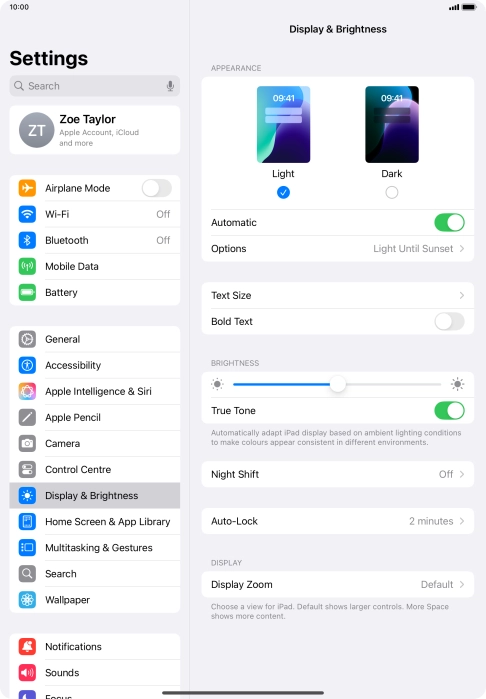 If you turn on the function, press Options and follow the instructions on the screen to select the required period of time for Dark Mode.