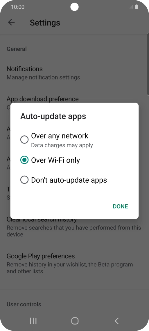 To turn on automatic update of apps using mobile network, press Over any network.