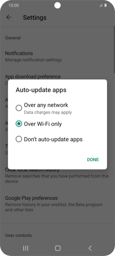 To turn on automatic update of apps using mobile network, press Over any network.