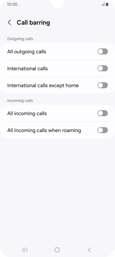Press the indicator next to the required barring type to turn the function on or off.