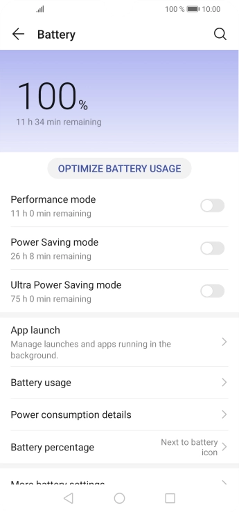 Press the indicator next to the required power mode to turn on the function.