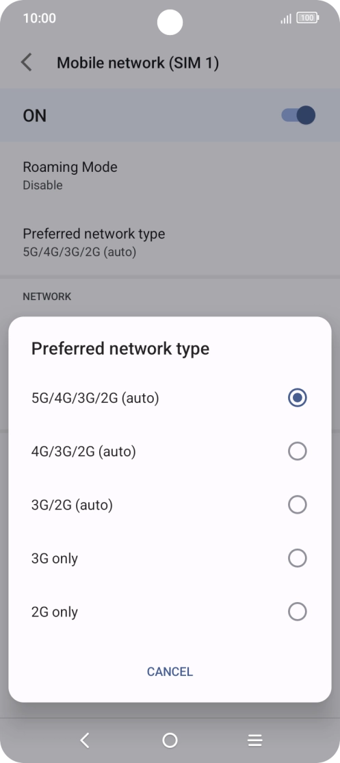 Press the required network mode.