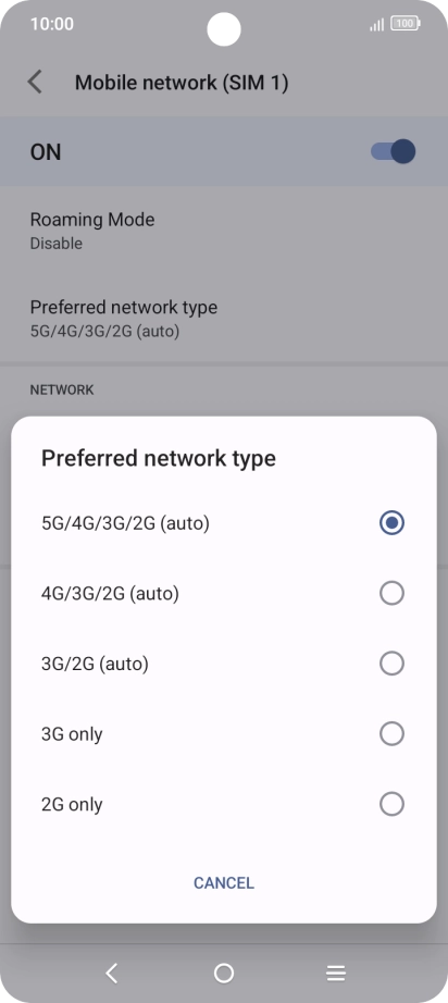 Press the required network mode.
