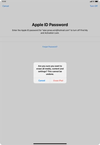 Key in the password for your Apple ID and press Erase iPad. Wait a moment while the factory default settings are restored. Follow the instructions on the screen to set up your tablet and prepare it for use.