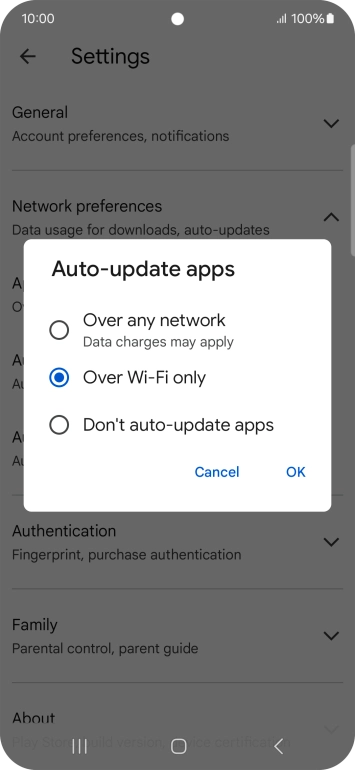 To turn on automatic update of apps using mobile network, press Over any network.