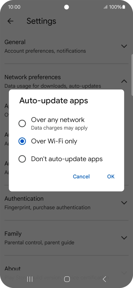 To turn on automatic update of apps using mobile network, press Over any network.
