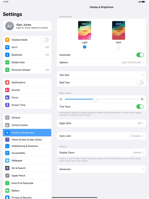 If you turn on the function, press Options and follow the instructions on the screen to select the required period of time for Dark Mode.