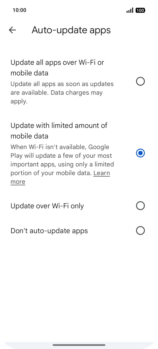 To turn on automatic update of apps using mobile network, press Update all apps over Wi-Fi or mobile data.