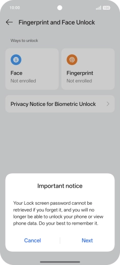 Press Next and follow the instructions on the screen to create an additional phone lock code.
