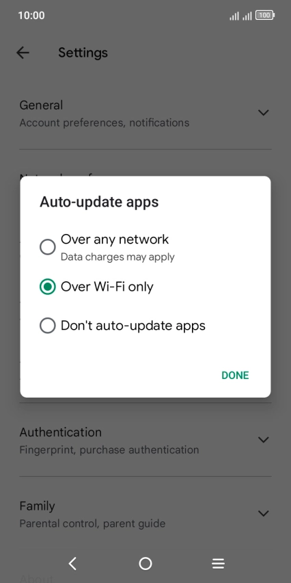 To turn on automatic update of apps using mobile network, press Over any network.