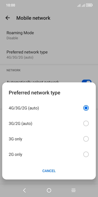Press the required network mode.