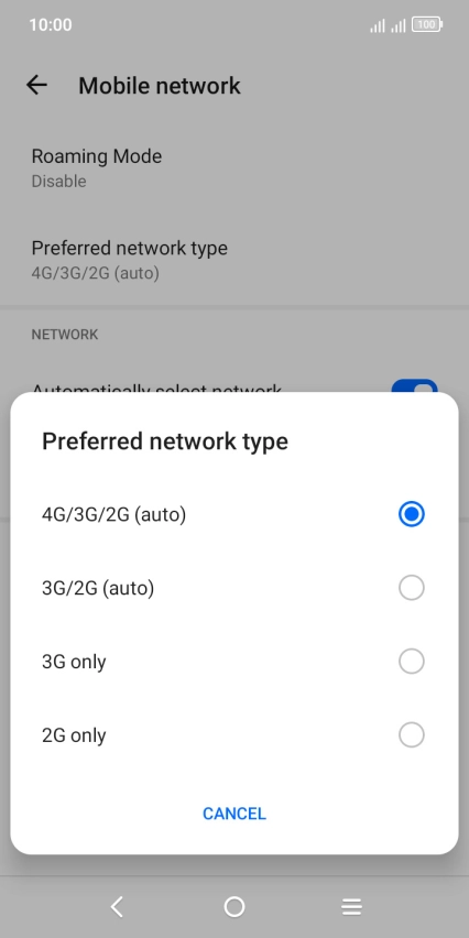 Press the required network mode.