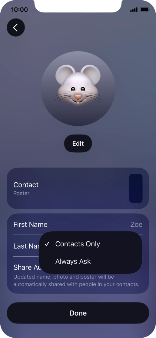 Press the required setting.