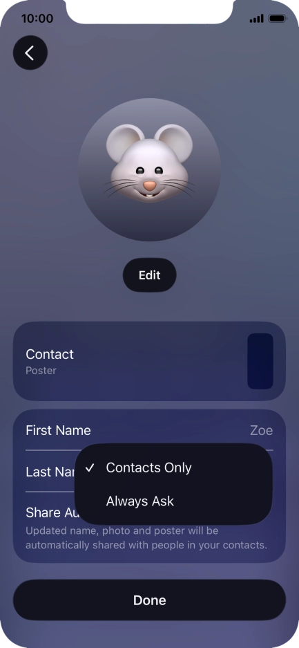 Press the required setting.