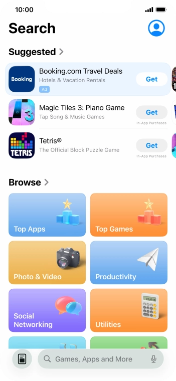 Press the search field and key in the name or subject of the required app.