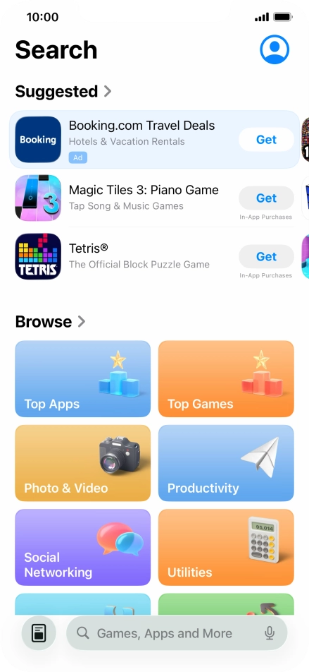 Press the search field and key in the name or subject of the required app.