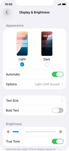 If you turn on the function, press Options and follow the instructions on the screen to select the required period of time for Dark Mode.