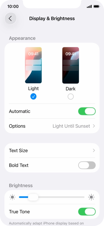 If you turn on the function, press Options and follow the instructions on the screen to select the required period of time for Dark Mode.