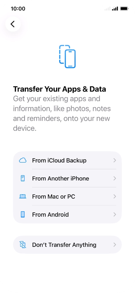 You can transfer content from an Android phone when your phone is activated for the first time and after a factory reset. When this screen is displayed, your phone is ready to transfer content from an Android phone.
