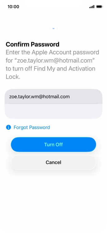 Key in the password for your Apple Account and press Turn Off. Wait a moment while the factory default settings are restored. Follow the instructions on the screen to set up your phone and prepare it for use.