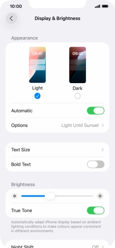 If you turn on the function, press Options and follow the instructions on the screen to select the required period of time for Dark Mode.