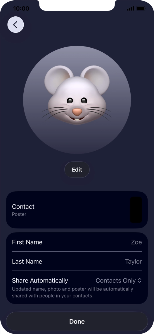 Press the name fields and follow the instructions on the screen to edit your name on the Contact Poster.