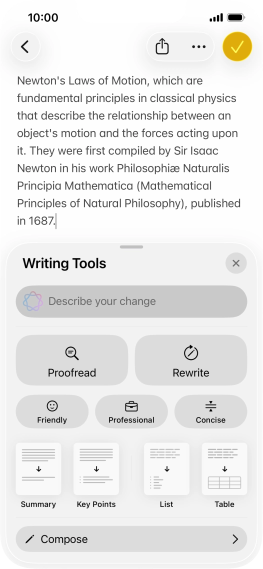 Press Describe your change and write in your own words how you would like the text to be rewritten. Follow the instructions on the screen to use the function.