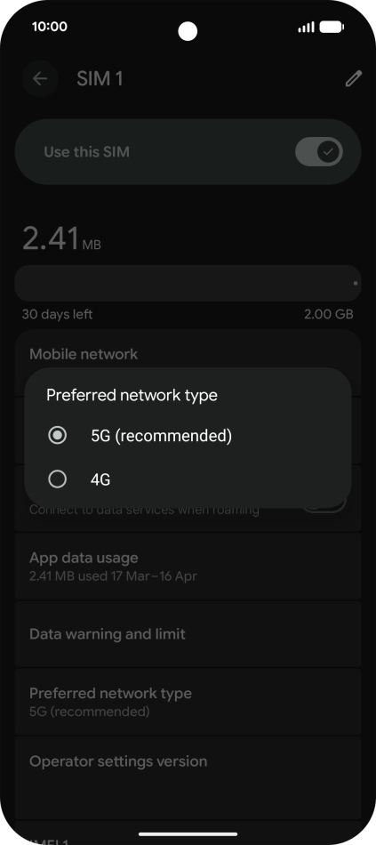 Press the required network mode.