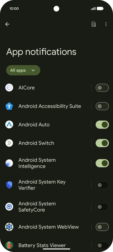 Press the indicator next to the required apps to turn the function on or off.