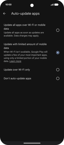 To turn on automatic update of apps using mobile network, press Update all apps over Wi-Fi or mobile data.