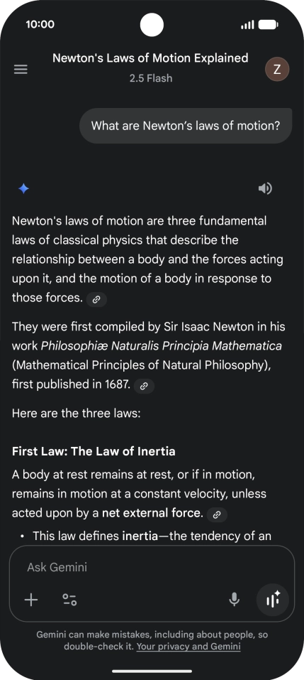 Transcription of the conversation with Gemini Live is now displayed.