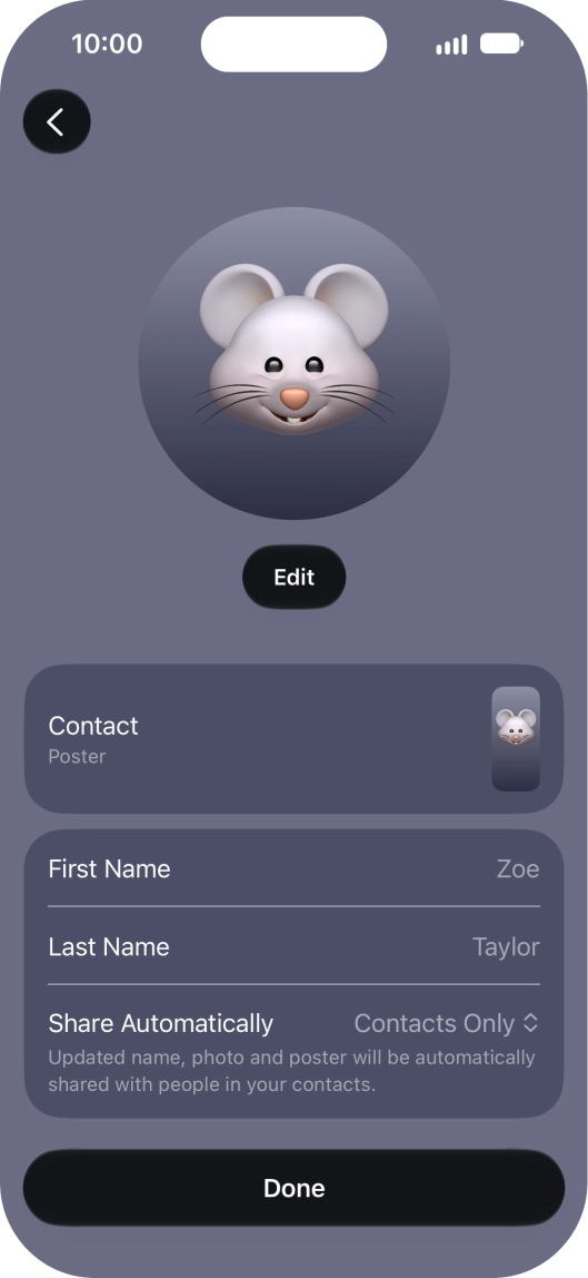 Press the name fields and follow the instructions on the screen to edit your name on the Contact Poster.