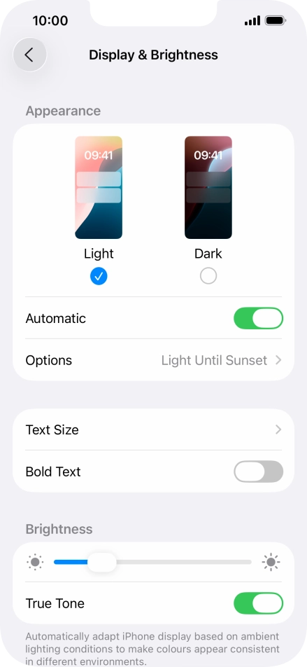 If you turn on the function, press Options and follow the instructions on the screen to select the required period of time for Dark Mode.
