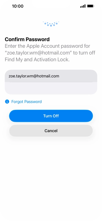 Key in the password for your Apple Account and press Turn Off. Wait a moment while the factory default settings are restored. Follow the instructions on the screen to set up your phone and prepare it for use.