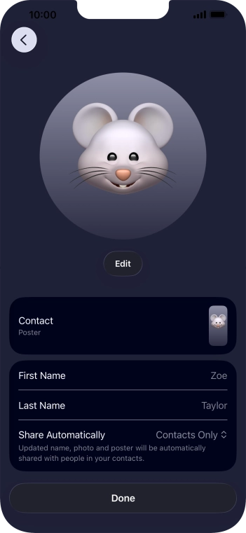Press the name fields and follow the instructions on the screen to edit your name on the Contact Poster.