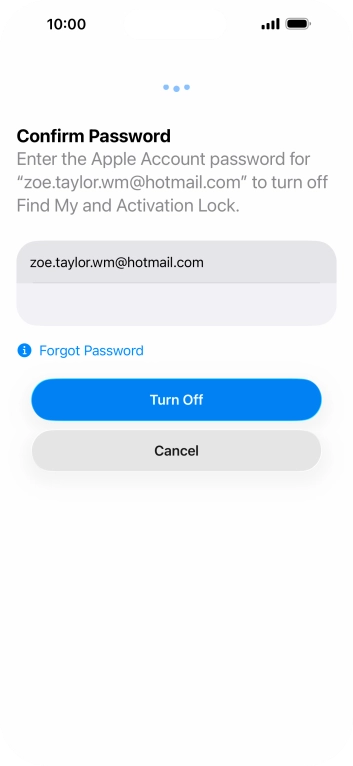 Key in the password for your Apple Account and press Turn Off. Wait a moment while the factory default settings are restored. Follow the instructions on the screen to set up your phone and prepare it for use.