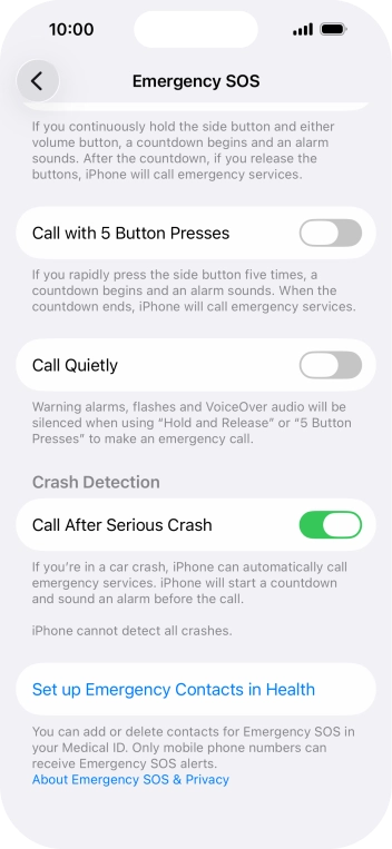 Press Set up Emergency Contacts in Health and follow the instructions on the screen to key in your emergency info and emergency contacts.