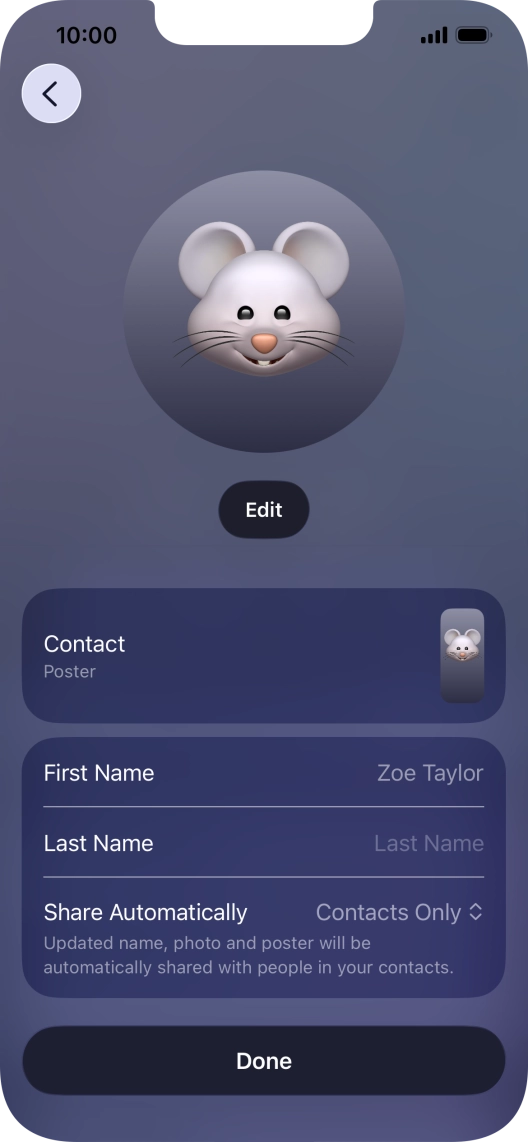 Press the name fields and follow the instructions on the screen to edit your name on the Contact Poster.