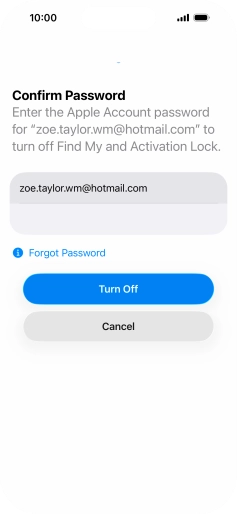 Key in the password for your Apple Account and press Turn Off. Wait a moment while the factory default settings are restored. Follow the instructions on the screen to set up your phone and prepare it for use.