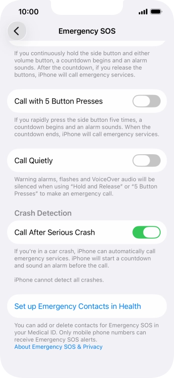 Press Set up Emergency Contacts in Health and follow the instructions on the screen to key in your emergency info and emergency contacts.