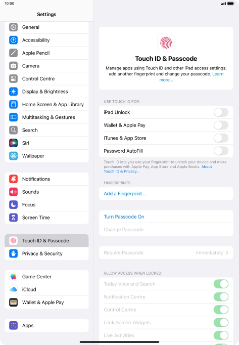 Press Turn Passcode On and key in a lock code of your own choice twice.